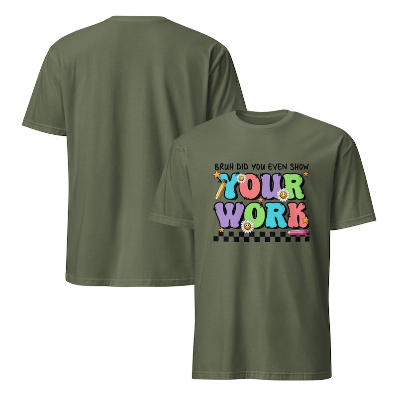 Green t-shirt with colorful text design on a white background