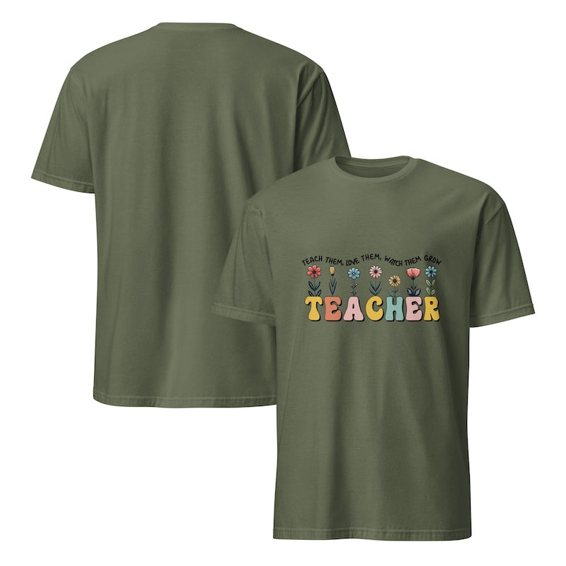 Green t-shirt with 'TEACHER' text and floral designs on a white background