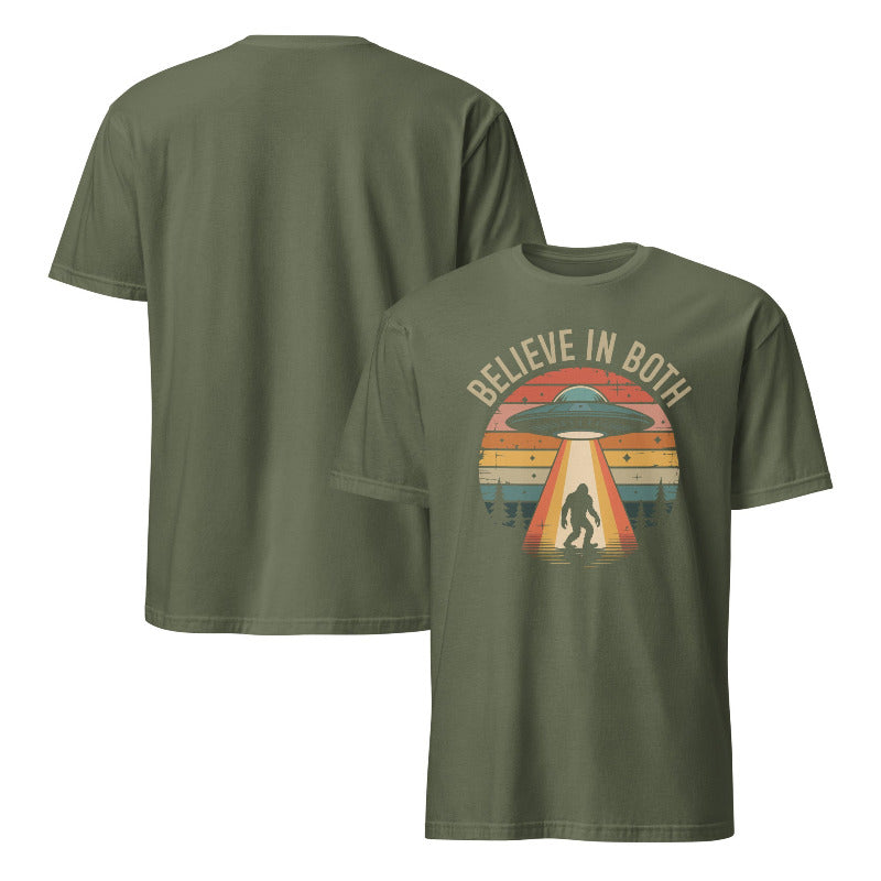Green t-shirt with 'Believe in Both' graphic design on a white background