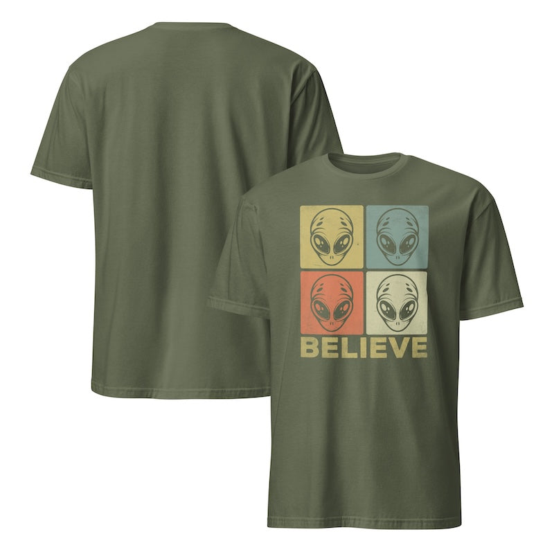 Green t-shirt with alien graphic and 'BELIEVE' text on a white background