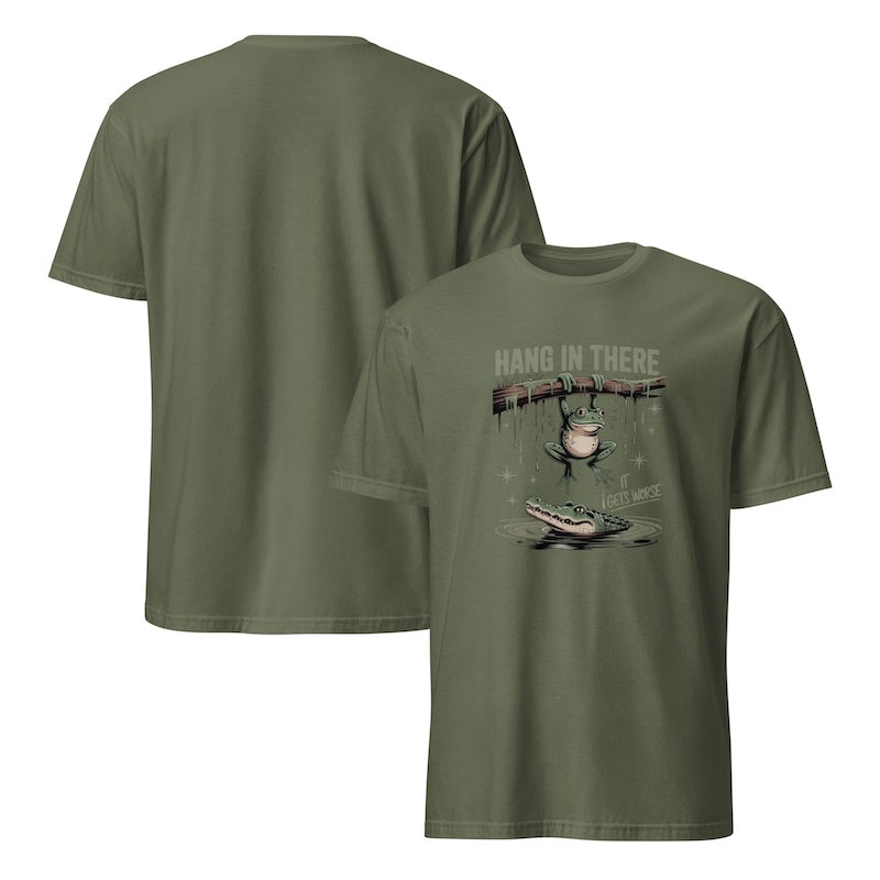 Green t-shirt with graphic design on the front and back