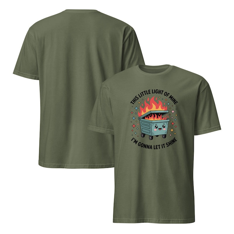 Green t-shirt with a graphic design on the front and back