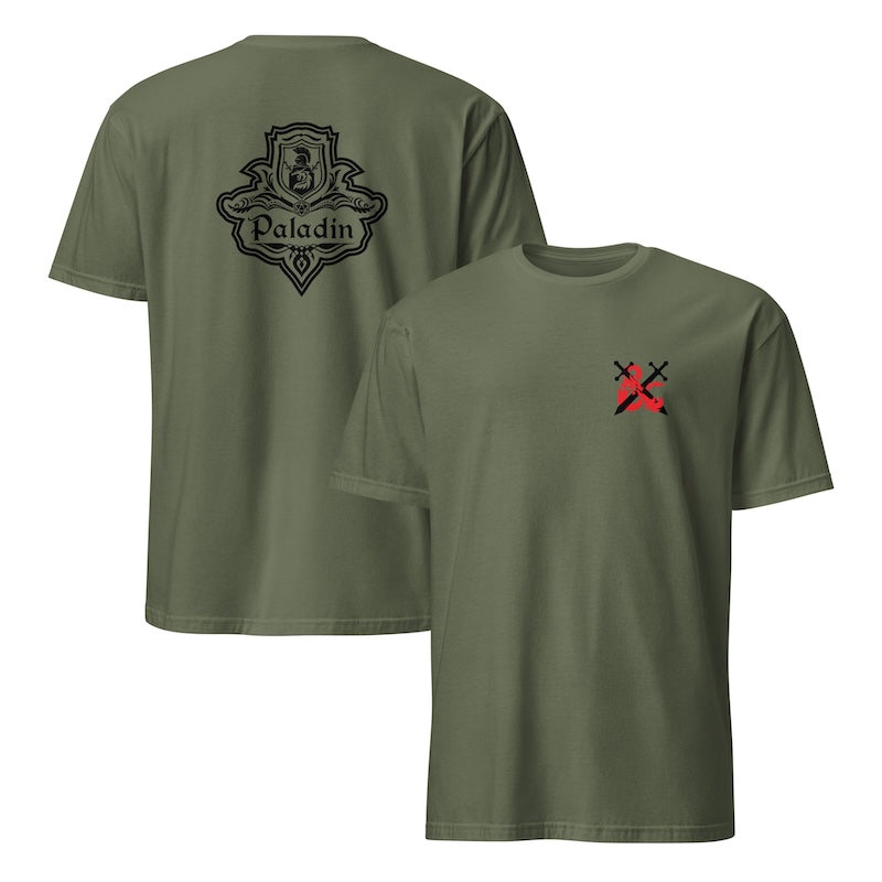 Green t-shirt with a logo on the front and 'Paladin' text on the back, displayed on a white background.