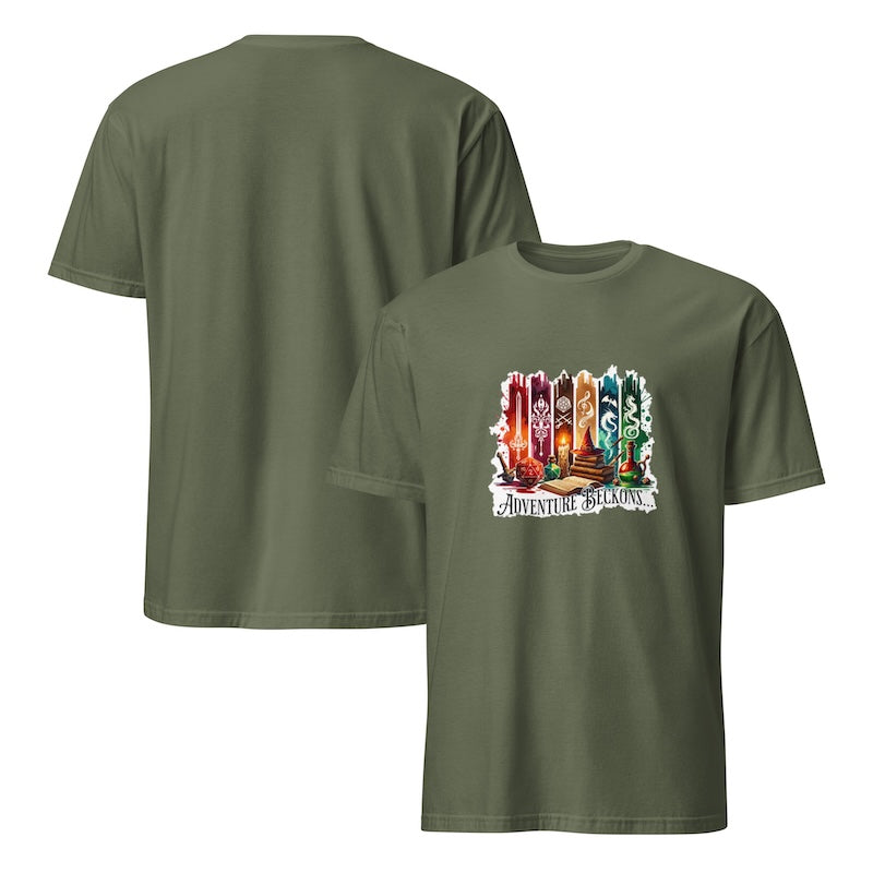 Green t-shirt with a colorful graphic on the front, displayed from front and back views.