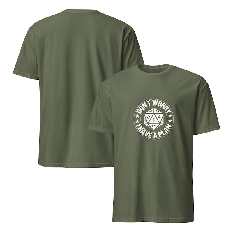 Green t-shirt with a graphic design on the front, displayed from both front and back views.
