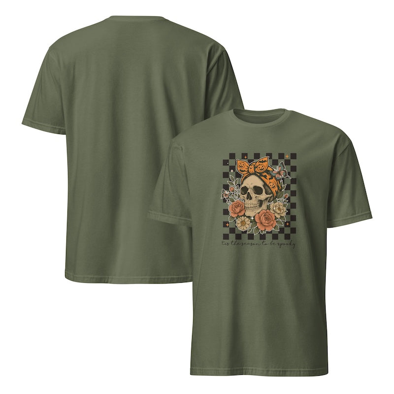 Green t-shirt with skull and floral design on a checkered background, shown from front and back.