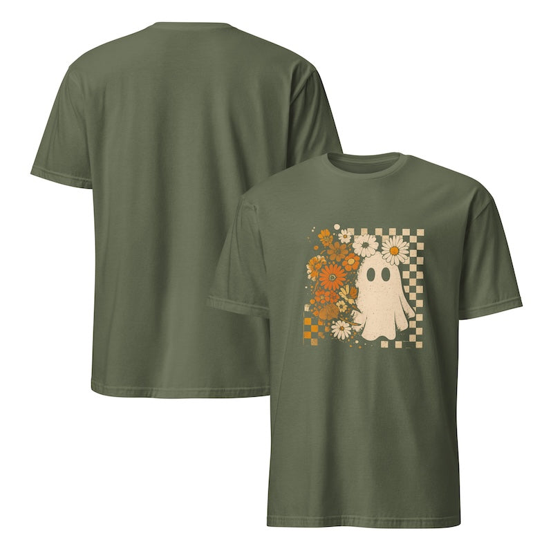 Green t-shirt with a ghost and floral design on a white background