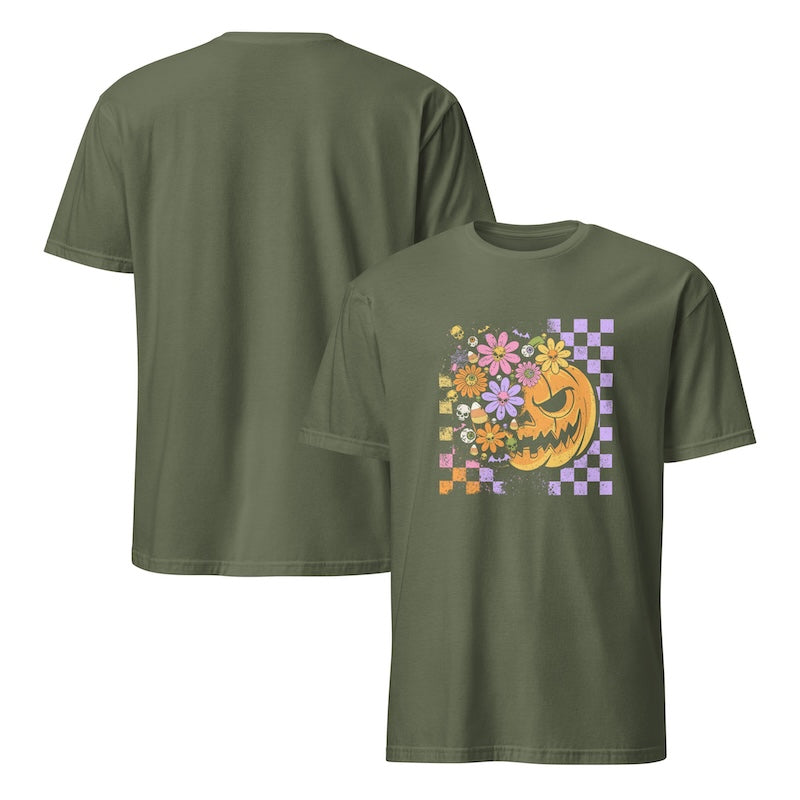 Green t-shirt with a pumpkin and floral design on a white background