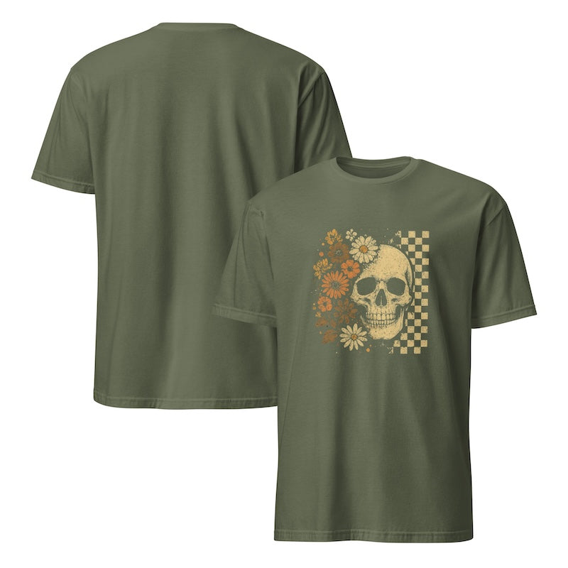 Green t-shirt with skull and floral design on a white background