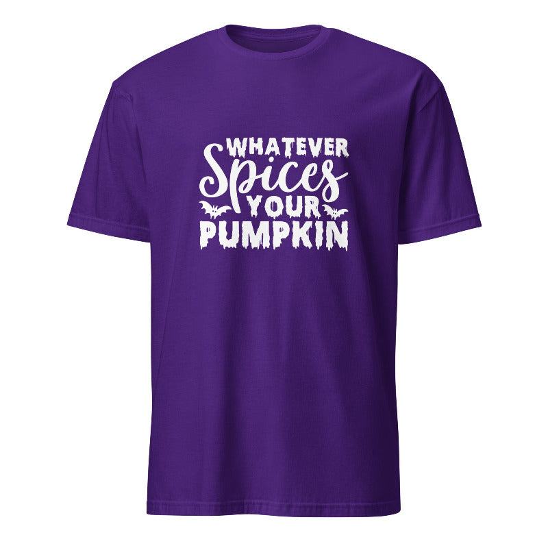Purple t-shirt with white text 'Whatever Spices Your Pumpkin' on a white background