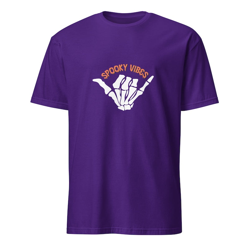 Purple t-shirt with a hand sign and 'Spooky Vibes' text on a white background