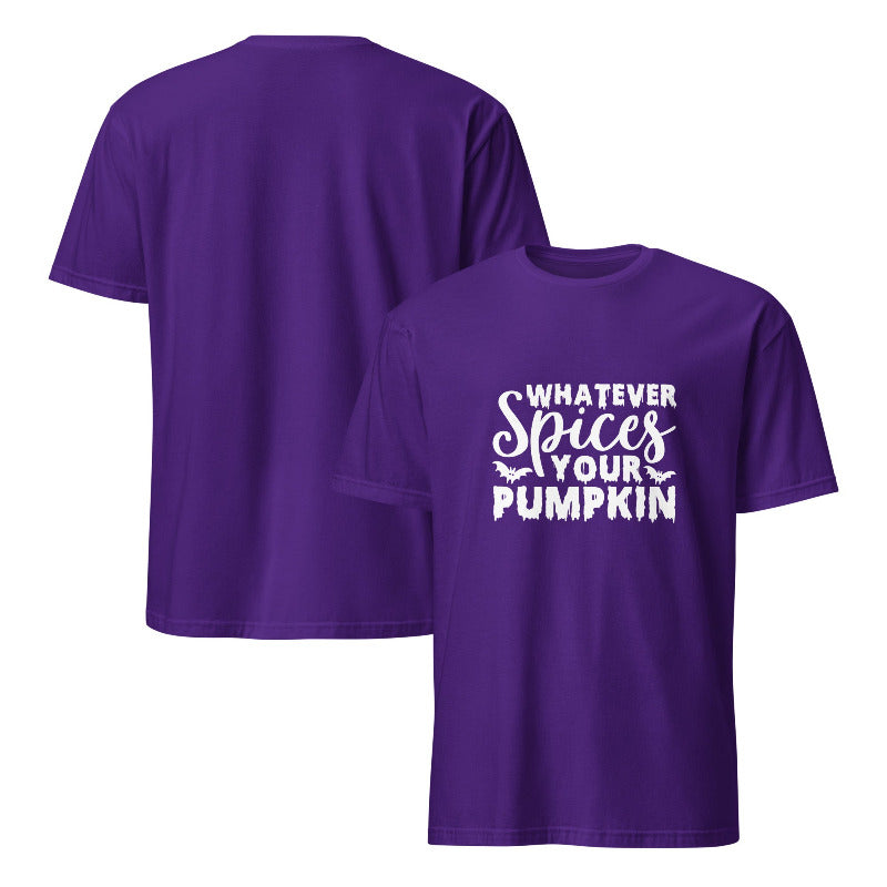 Purple t-shirt with 'Whatever Spices Your Pumpkin' text on a white background