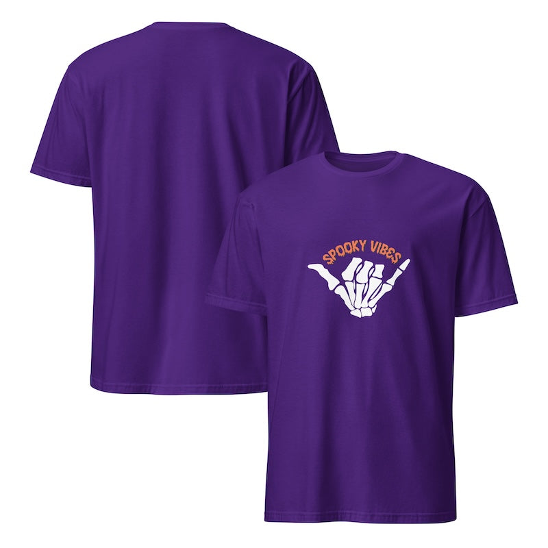 Purple t-shirt with 'Spooky Vibes' design on a white background