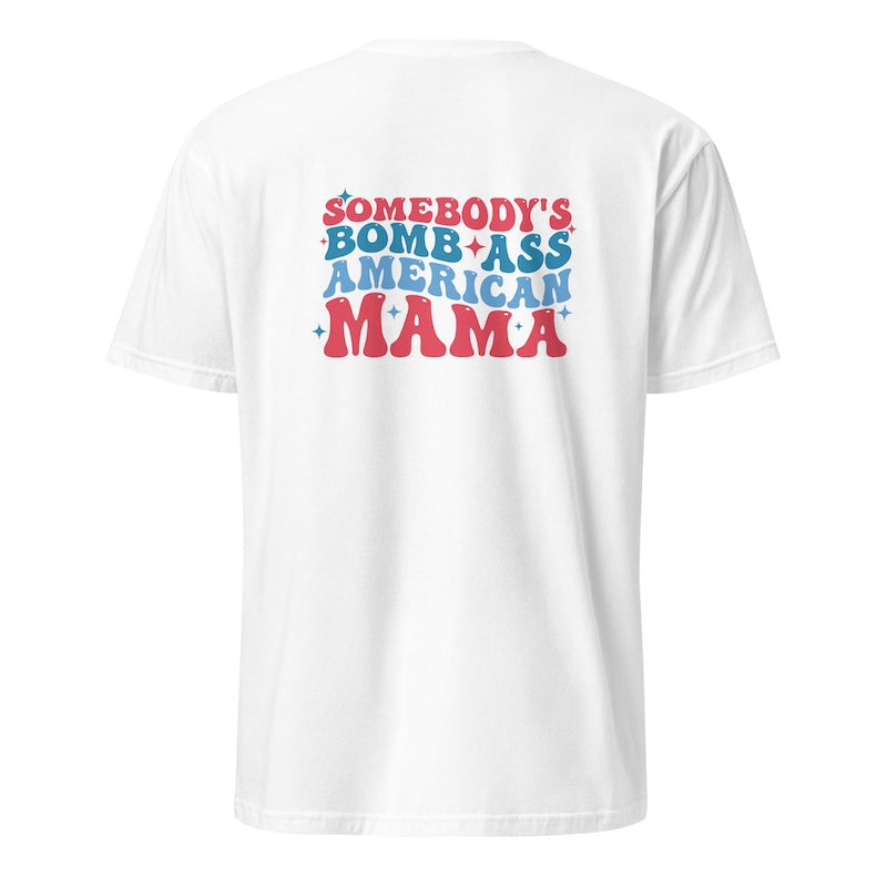 White t-shirt with colorful text design on a white background
