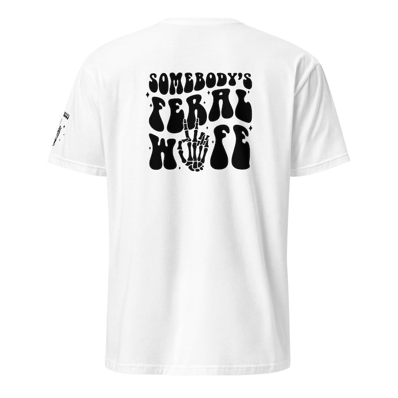 White t-shirt with black graphic design on the back on a white background