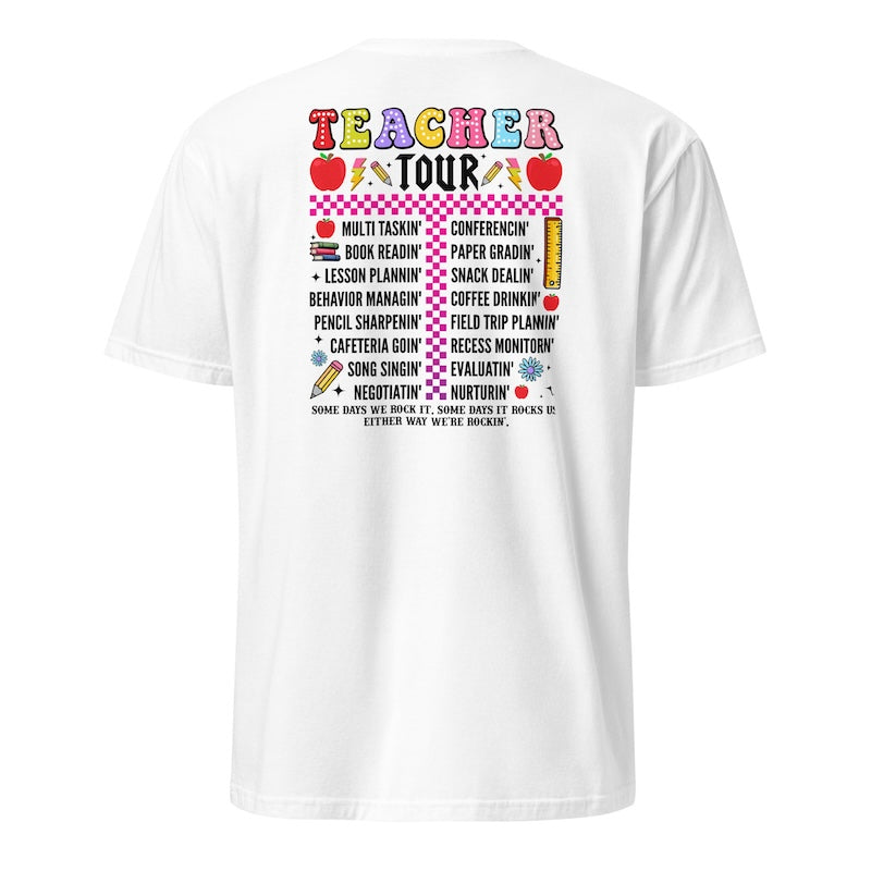 White t-shirt with colorful text and graphics on a white background