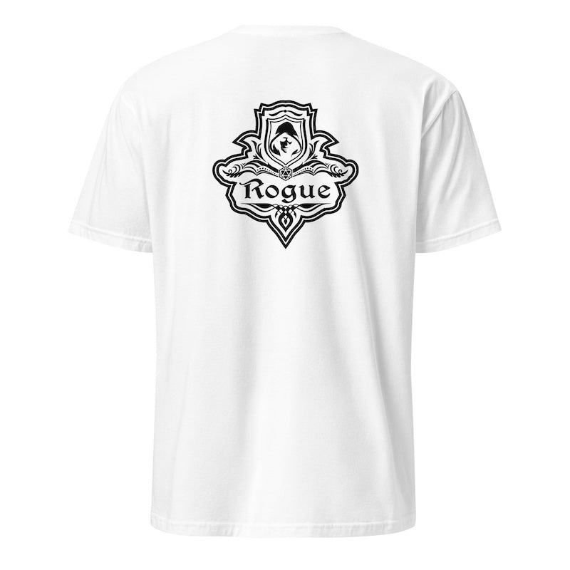 White t-shirt with black 'Rogue' logo on a white background