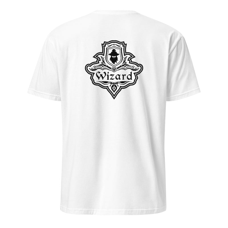 White t-shirt with a black 'Wizard' logo on a white background