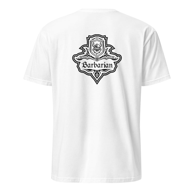 White t-shirt with black graphic design on a white background
