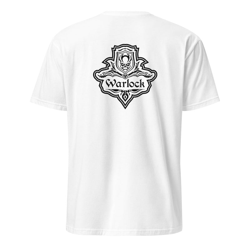 White t-shirt with black 'Warlock' logo on a white background