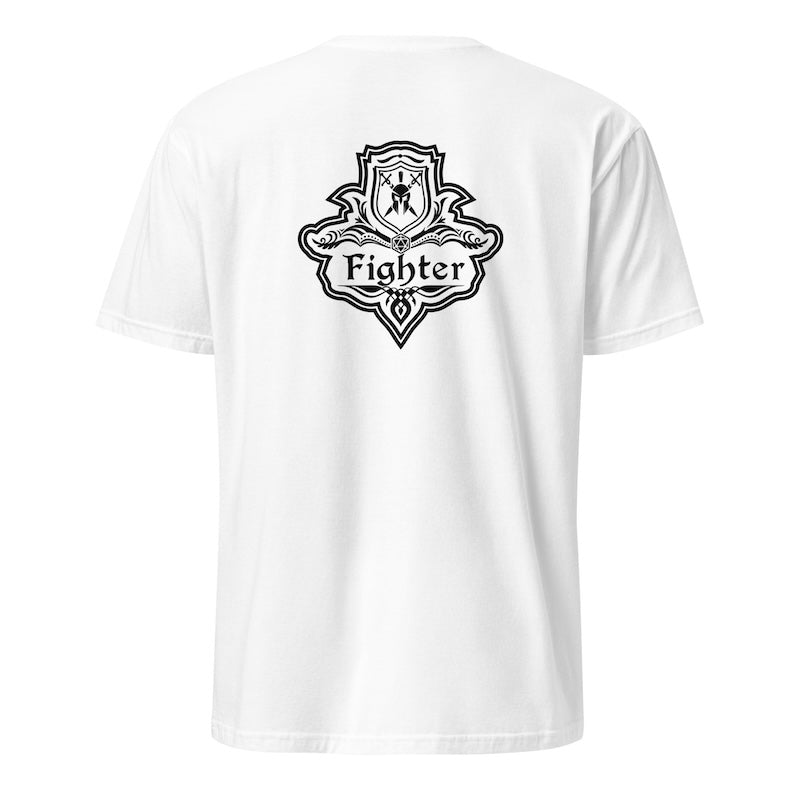 White t-shirt with black 'Fighter' logo on a white background