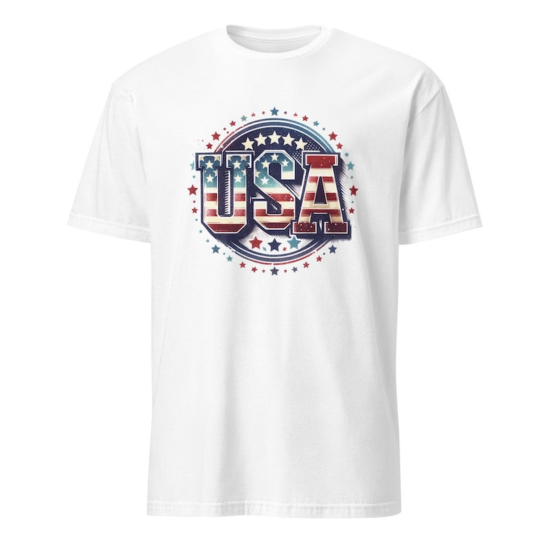 White t-shirt with 'USA' graphic design on a white background