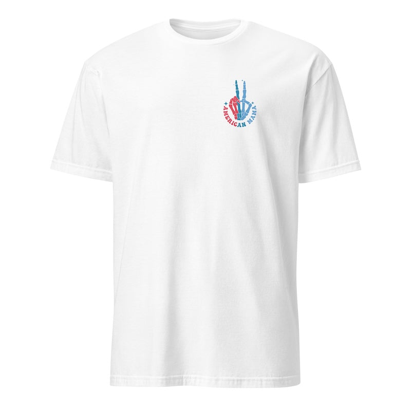 White t-shirt with a peace sign design on a white background