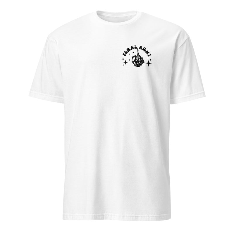 White t-shirt with black graphic design on a white background
