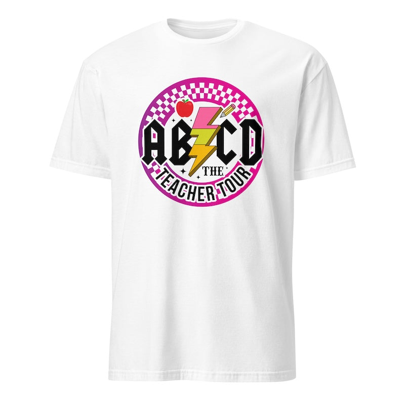 White t-shirt with colorful graphic design on a white background