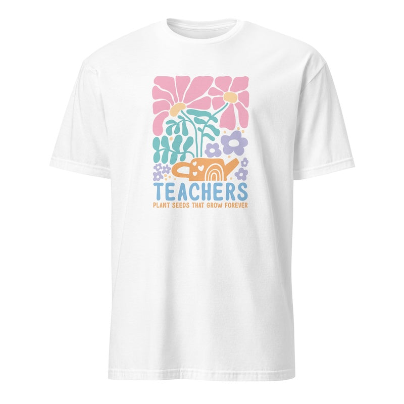 White t-shirt with colorful graphic design and text on a white background