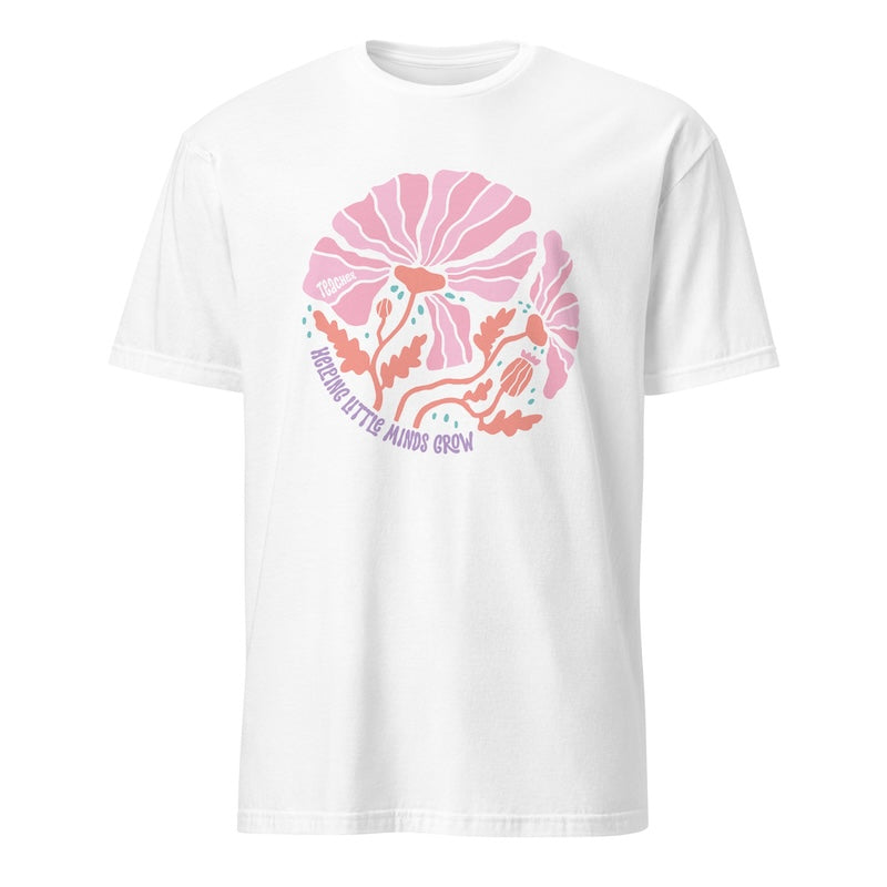 White t-shirt with pink and orange floral design and text on a white background