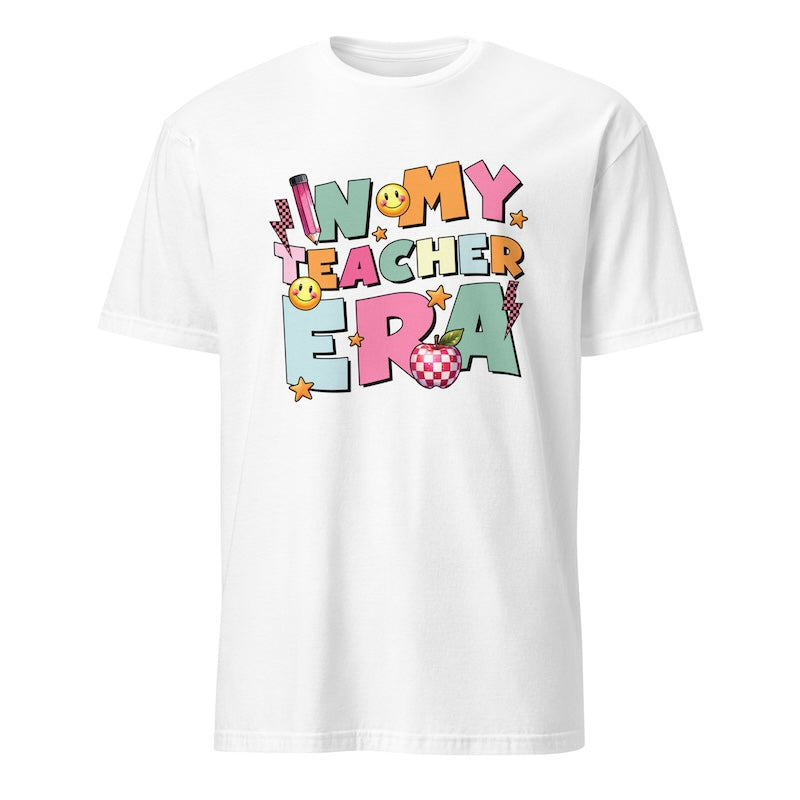 White t-shirt with colorful text design on a white background
