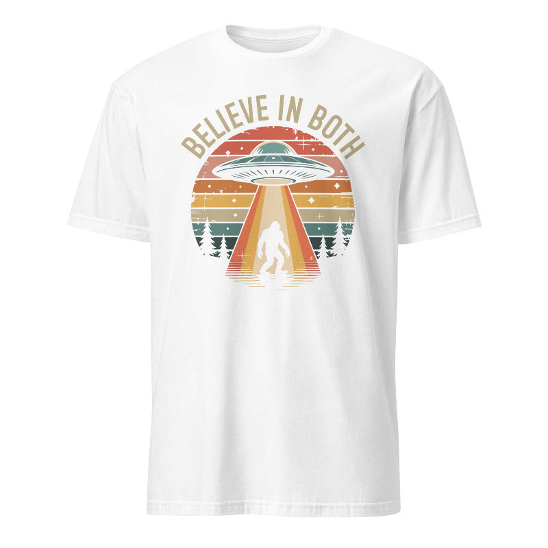 White t-shirt with a graphic design featuring a UFO and text 'BELIEVE IN BOTH' on a white background.