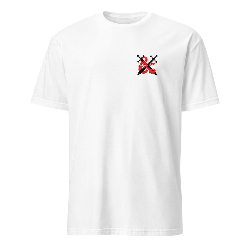 White t-shirt with a black and red graphic design on a white background