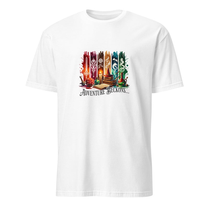White t-shirt with colorful graphic design on a white background