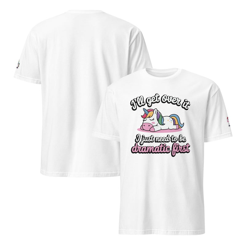 White t-shirt with a unicorn graphic and text on a white background