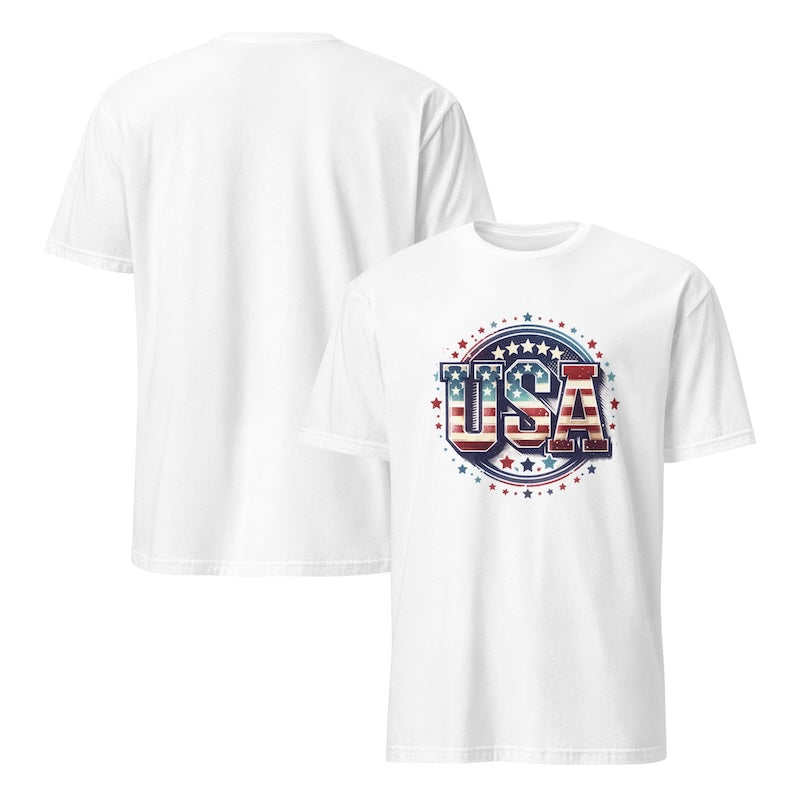 White t-shirt with 'USA' design featuring stars and stripes on a white background
