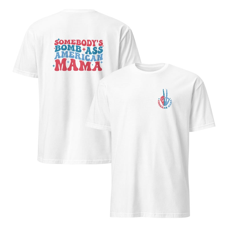 Two white t-shirts, one with colorful text and the other with a peace sign design.