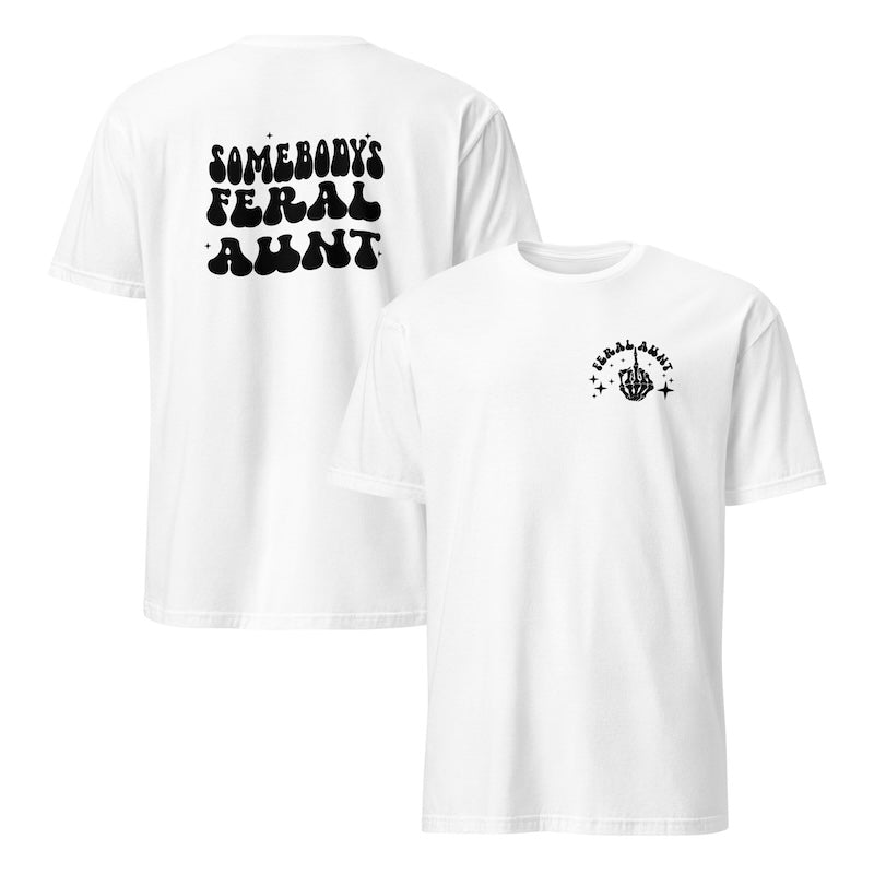 White t-shirt with black text on a white background