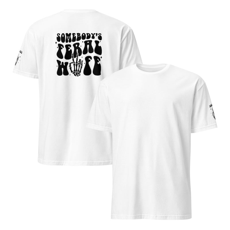 White t-shirt with black graphic design on a white background