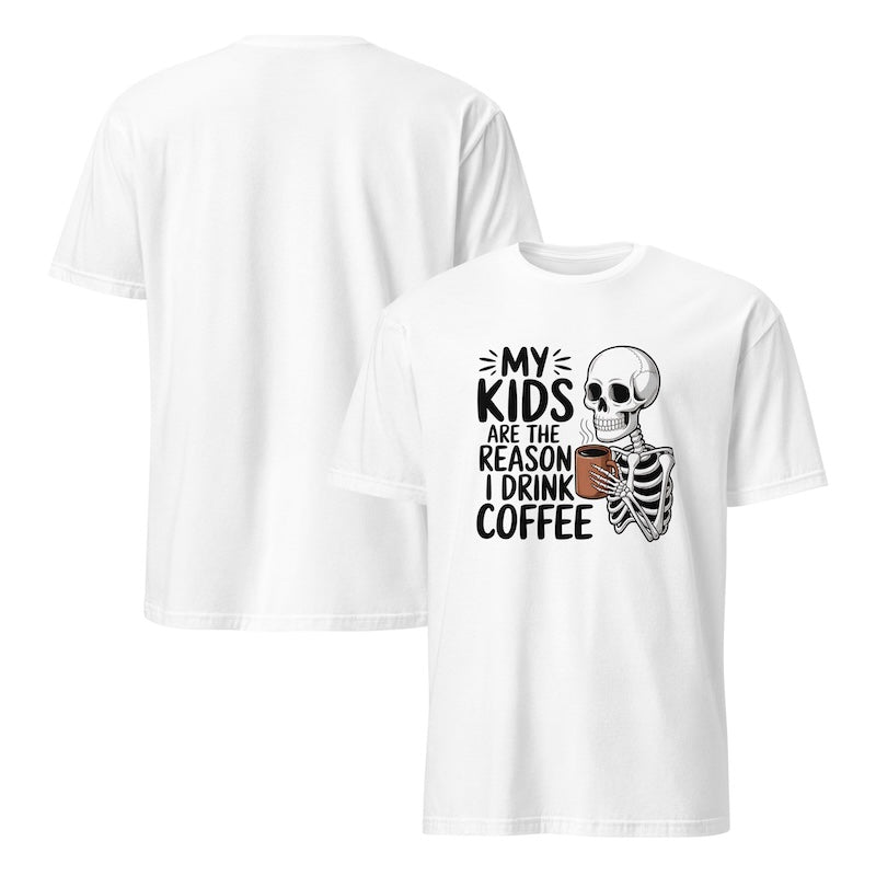 White t-shirt with skeleton design and text on a white background
