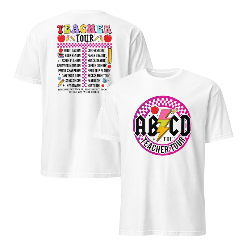 Two white t-shirts with colorful graphics and text on a white background