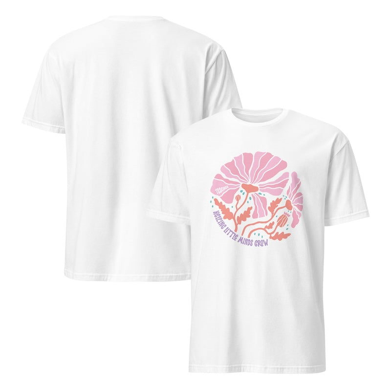 White t-shirt with pink and purple graphic design on a white background