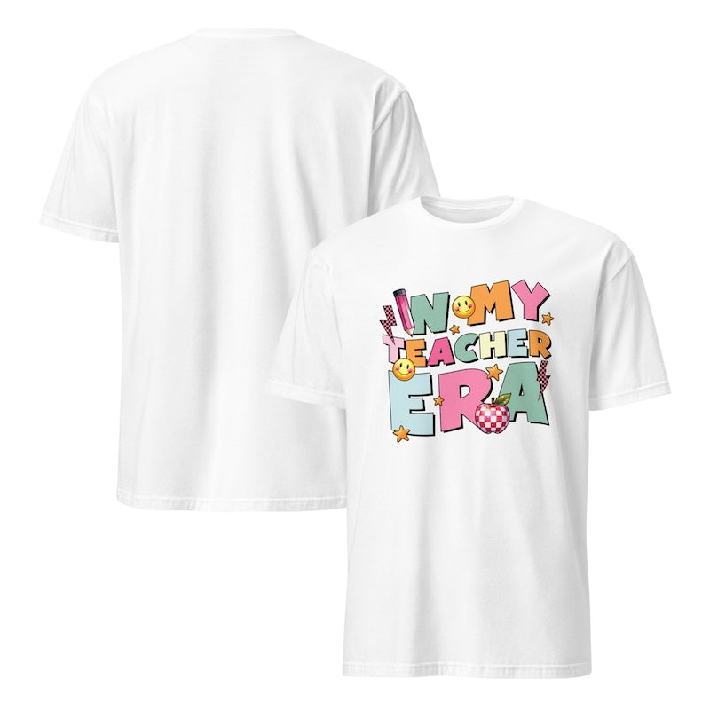 White t-shirt with colorful text design on a white background