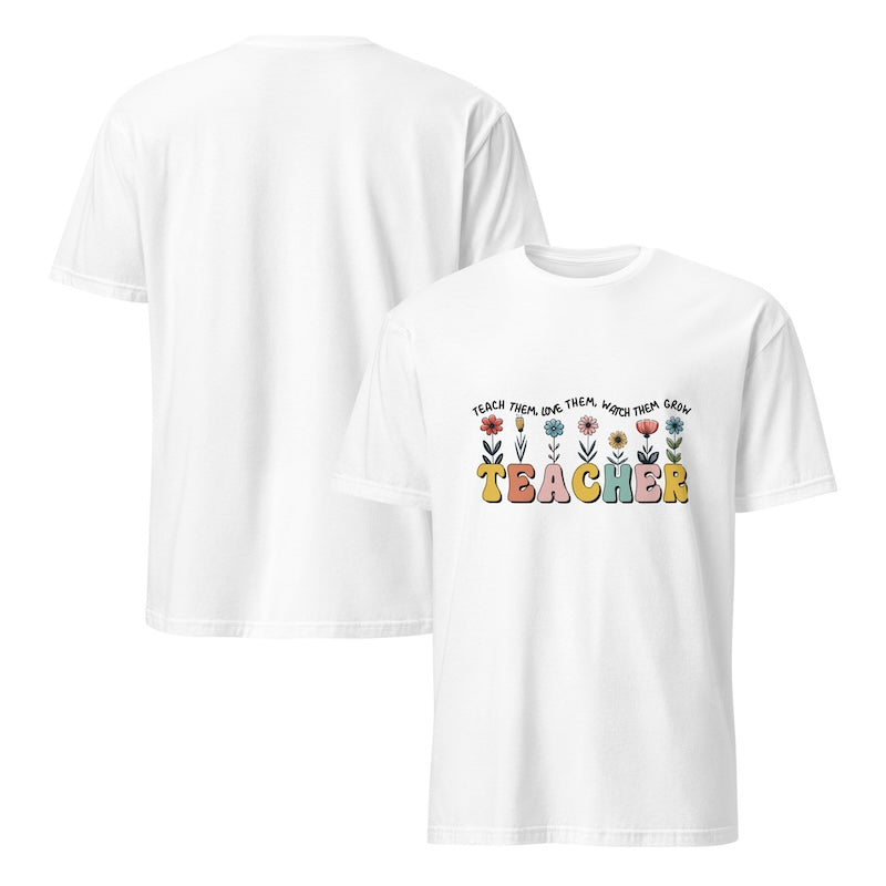 White t-shirt with 'Teacher' text and floral design on a white background
