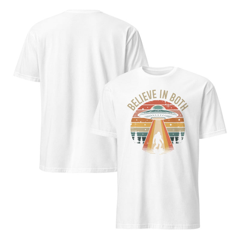 White t-shirt with a colorful graphic and text on a white background