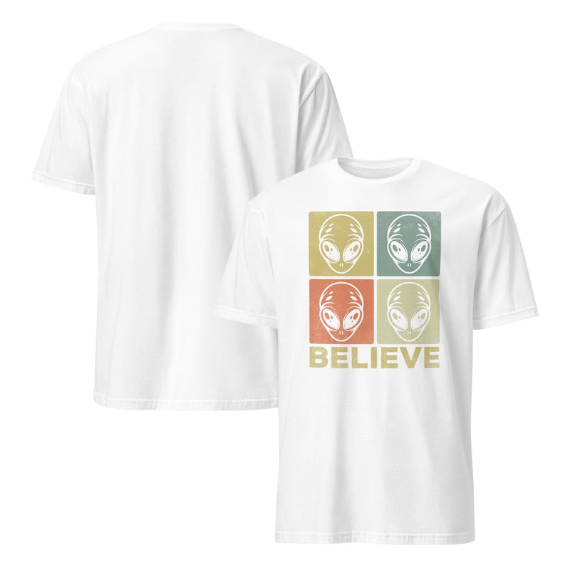 White t-shirt with alien graphic and 'BELIEVE' text on a white background