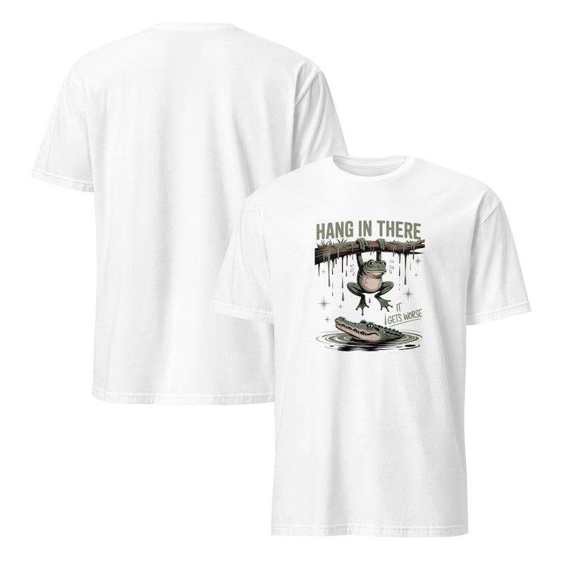 White t-shirt with a graphic design of a frog and text on a white background