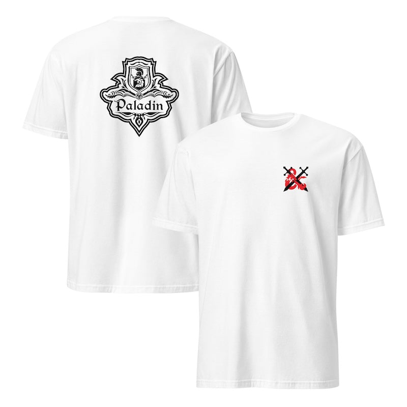 Two white t-shirts with different logos on a white background