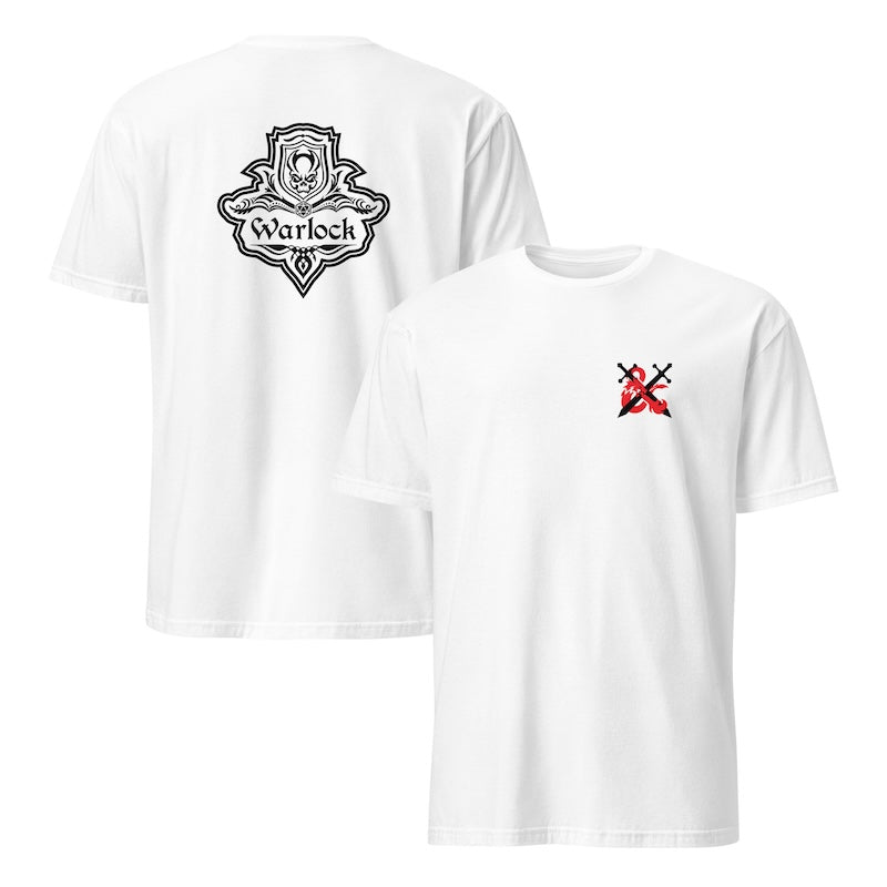 Two white t-shirts with different logos on a white background